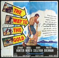 1a061 WAY TO THE GOLD six-sheet '57 great romantic art of barechested Jeffrey Hunter & Sheree North!