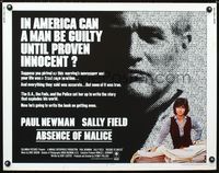 1c284 ABSENCE OF MALICE half-sheet movie poster '81 Paul Newman, Sally Field, Sydney Pollack