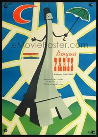 1e451 BONJOUR PARIS Polish 23x33 movie poster '50s wonderful Eiffel Tower art by Hanna Lipinska!