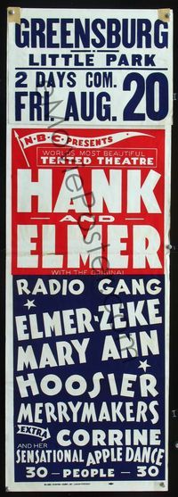 1f085 HANK & ELMER WITH THE ORIGINAL RADIO GANG special 14x41 daybill '20s NBC radio tent show!