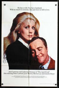1i047 APRIL FOOLS int'l one-sheet poster '69 romantic close up of Jack Lemmon & Catherine Deneuve!