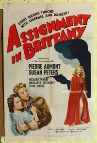 1i048 ASSIGNMENT IN BRITTANY one-sheet '43 art of new star Jean-Pierre Aumont & pretty Susan Peters!