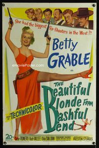 1i060 BEAUTIFUL BLONDE FROM BASHFUL BEND 1sh '49Preston Sturges, Betty Grable has the biggest guns!