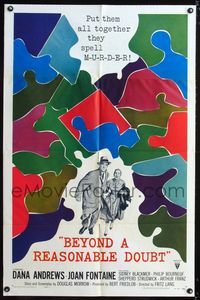 1i070 BEYOND A REASONABLE DOUBT 1sheet '56 Fritz Lang, Dana Andrews, Joan Fontaine, cool puzzle art!