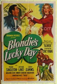 1i083 BLONDIE'S LUCKY DAY 1sh '46 Dagwood's in the dog house and Penny Singleton feeds him a bone!
