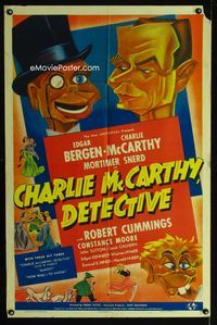 1i116 CHARLIE McCARTHY DETECTIVE style B 1sheet '39 Kapralik art of Edgar Bergen & Charlie McCarthy!