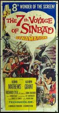 1m223 7th VOYAGE OF SINBAD three-sheet poster '58 Kerwin Mathews, Ray Harryhausen fantasy classic!