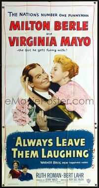 1m229 ALWAYS LEAVE THEM LAUGHING 3sheet '49 great romantic image of Milton Berle & Virginia Mayo!