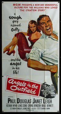 1m232 ANGELS IN THE OUTFIELD three-sheet '51 artwork of Paul Douglas & sexy Janet Leigh, baseball!
