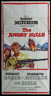 1m233 ANGRY HILLS three-sheet '59 Robert Aldrich, artwork of Robert Mitchum with big machine gun!