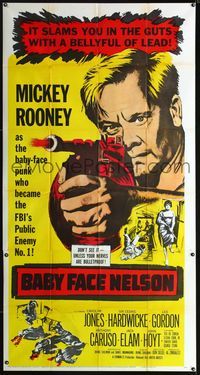 1m239 BABY FACE NELSON 3sheet '57 great art of Public Enemy No. 1 Mickey Rooney firing tommy gun!