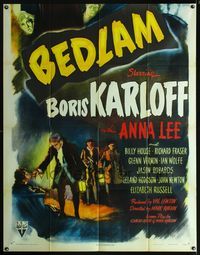 1m250 BEDLAM bottom 2/3 three-sheet '46 artwork of madman Boris Karloff, produced by Val Lewton!