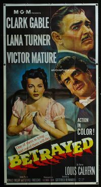 1m254 BETRAYED three-sheet poster '54 art of Clark Gable, Victor Mature & sexy brunette Lana Turner!