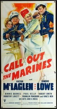 1m286 CALL OUT THE MARINES three-sheet '41 art of Victor McLaglen, Edmund Lowe & sexy Binnie Barnes!