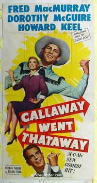 1m287 CALLAWAY WENT THATAWAY 3sheet '51 Fred MacMurray, Dorothy McGuire & Howard Keel hitchhiking!