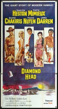 1m327 DIAMOND HEAD three-sheet '62 Charlton Heston, Yvette Mimieux, Howard Terpning art of Hawaii!