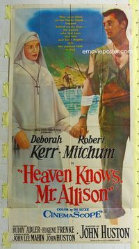 1m406 HEAVEN KNOWS MR. ALLISON three-sheet '57 Robert Mitchum holds hands with nun Deborah Kerr!