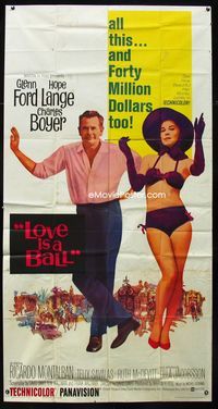 1m461 LOVE IS A BALL style B three-sheet '63 full-length Glenn Ford & Hope Lange in sexy bikini!
