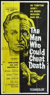 1m471 MAN WHO COULD CHEAT DEATH 3sheet '59 Hammer horror, cool half-alive & half-dead headshot art!
