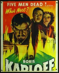1m473 MAN WITH NINE LIVES top 2/3 3sh R47cool art of crazy Boris Karloff, five men dead, who's next!