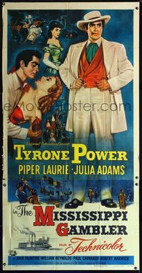 1m476 MISSISSIPPI GAMBLER three-sheet '53 Tyrone Power's game is fancy women like Piper Laurie!