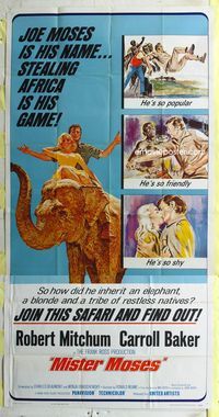 1m477 MISTER MOSES three-sheet movie poster '65 Robert Mitchum & Carroll Baker romance in Africa!