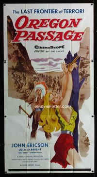 1m498 OREGON PASSAGE three-sheet '58 artwork of Native Americans & super sexy girl tied to tree!