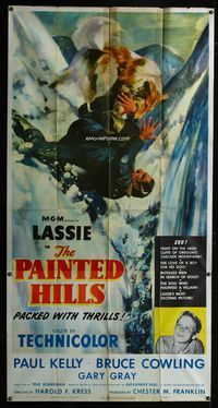 1m503 PAINTED HILLS three-sheet '51 wonderful painted artwork Lassie saving man falling from cliff!