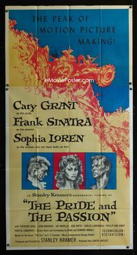 1m517 PRIDE & THE PASSION three-sheet poster '57 art of Cary Grant, Frank Sinatra & Sophia Loren!
