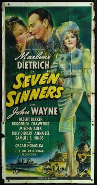 1m561 SEVEN SINNERS 3sheet '40 life-sized art of Marlene Dietrich & she's kissing John Wayne too!