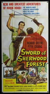 1m598 SWORD OF SHERWOOD FOREST 3sh '60 art of Richard Greene as Robin Hood fighting Peter Cushing!