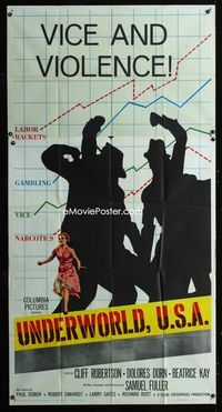 1m623 UNDERWORLD U.S.A. three-sheet '60 Samuel Fuller, labor rackets, gambling, vice, narcotics!