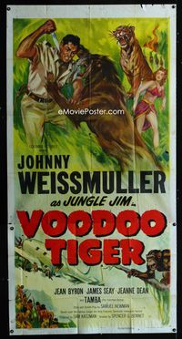 1m635 VOODOO TIGER three-sheet '52 great art of Johnny Weissmuller as Jungle Jim vs lion & tiger!
