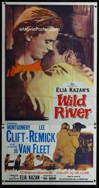 1m644 WILD RIVER three-sheet '60 Elia Kazan, romantic close up of Montgomery Clift & Lee Remick!