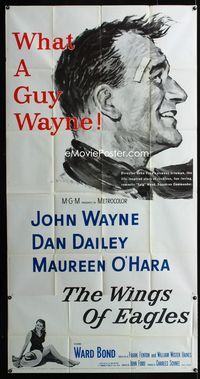 1m646 WINGS OF EAGLES 3sheet '57 great headshot art of Air Force pilot John Wayne, Maureen O'Hara