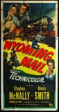 1m651 WYOMING MAIL style A three-sheet '50 artwork of Stephen McNally, Alexis Smith & cool train!