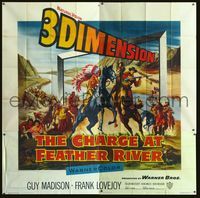1m001 CHARGE AT FEATHER RIVER six-sheet '53 great 3-D artwork of cowboys and Indians comin' at ya!