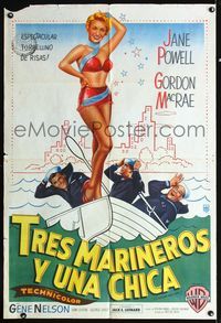 1m032 3 SAILORS & A GIRL Argentinean '54 art of sexiest Jane Powell in swimsuit with Navy sailors!