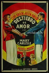 1m120 LOVE IN EXILE Argentinean poster '36 romantic deco artwork of Clive Brook & Helen Vinson!