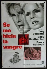 1m130 MY BLOOD RUNS COLD Argentinean movie poster '65 Troy Donahue, Joey Heatherton, reincarnation!