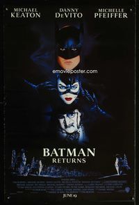 1p044 BATMAN RETURNS DS advance one-sheet poster '92 Michael Keaton, Danny DeVito, Michelle Pfeiffer