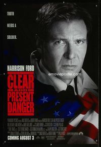 1p079 CLEAR & PRESENT DANGER advance 1sheet '94 great portrait of Harrison Ford and American flag!