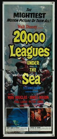 1q007 20,000 LEAGUES UNDER THE SEA insert poster R71 Jules Verne underwater classic, wonderful art!