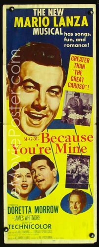 1q055 BECAUSE YOU'RE MINE insert poster '52 close up art of singing Mario Lanza & Doretta Morrow!