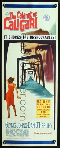 1q085 CABINET OF CALIGARI insert movie poster '62 Robert Bloch, it shocks the unshockables!