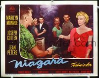 1r033 NIAGARA lobby card #4 '53 sexiest Marilyn Monroe close up in red dress with vinyl record!