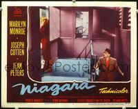 1r036 NIAGARA movie lobby card #8 '53 Marilyn Monroe looks at Joseph Cotten coming up the stairs!