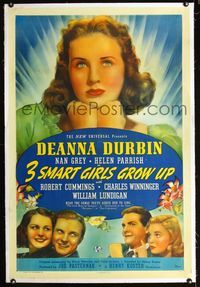1s053 3 SMART GIRLS GROW UP linen style B one-sheet '39 great huge headshot image of Deanna Durbin!