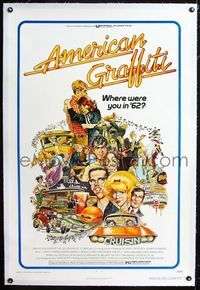 1s063 AMERICAN GRAFFITI linen one-sheet '73 George Lucas teen classic, it was the time of your life!