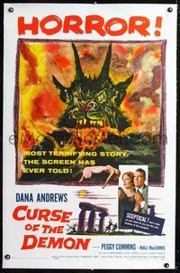 1s128 NIGHT OF THE DEMON linen one-sheet '57 Jacques Tourneur, artwork of the wackiest monster!